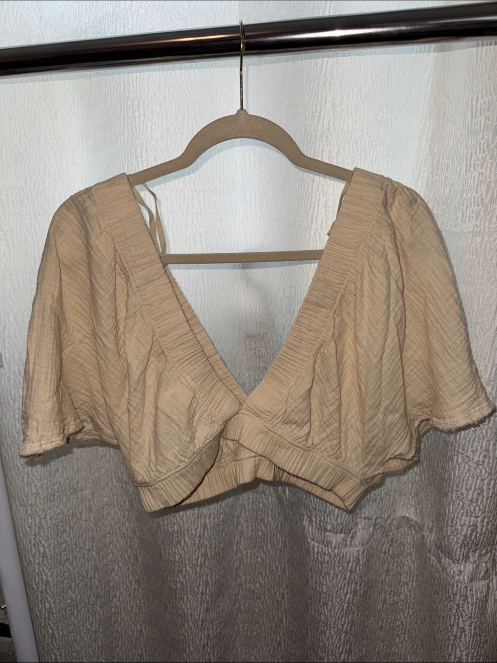aerie Cream Flutter-Sleeve V-Neck Crop Top